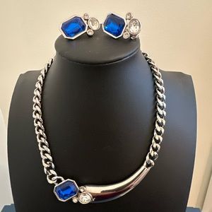 Vintage Park Lane Blue Rhinestone Collar Necklace Clip Earrings Set